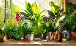 AI generated (Gemini + Flux) featured image for: Ev Bitkileri Bakım Takvimi: Yıl Boyunca Sağlıklı Gelişim (Prompt: A vibrant, detailed photography image showing an artful arrangement of diverse, healthy houseplants )