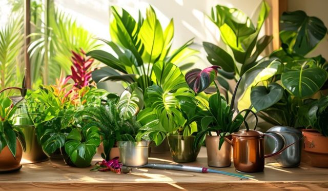 AI generated (Gemini + Flux) featured image for: Ev Bitkileri Bakım Takvimi: Yıl Boyunca Sağlıklı Gelişim (Prompt: A vibrant, detailed photography image showing an artful arrangement of diverse, healthy houseplants )