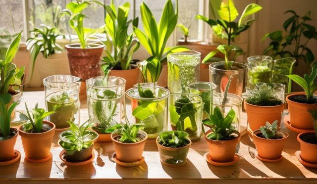 AI generated (Gemini + Flux) featured image for: Ev Bitkilerini Çoğaltma Sanatı: Adım Adım Rehber (Prompt: A **bright, artistic naturalist photography** image showing **a serene houseplant propagation setup.)