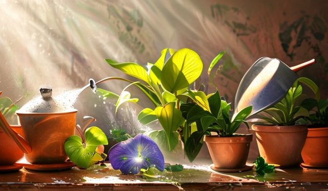 AI generated (Gemini + Flux) featured image for: Ev Bitkilerini Doğru Sulama Sanatı: Püf Noktaları (Prompt: A **serene, natural light still-life** image showing **a collection of vibrant houseplants being gen)