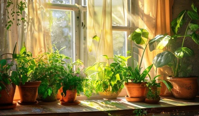 AI generated (Gemini + Flux) featured image for: Ev Bitkilerinin Işık İhtiyaçları: Mükemmel Ortamı Yaratın (Prompt: A realistic, high-detail photographic image showing diverse, vibrant houseplants on a rustic wooden )