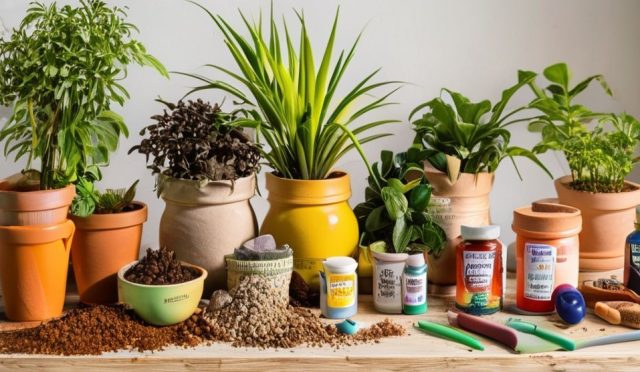 AI generated (Gemini + Flux) featured image for: Ev Bitkileriniz İçin En Doğru Toprak ve Gübre Rehberi (Prompt: A **bright, naturalistic still life** image showing **a beautifully arranged collection of healthy h)